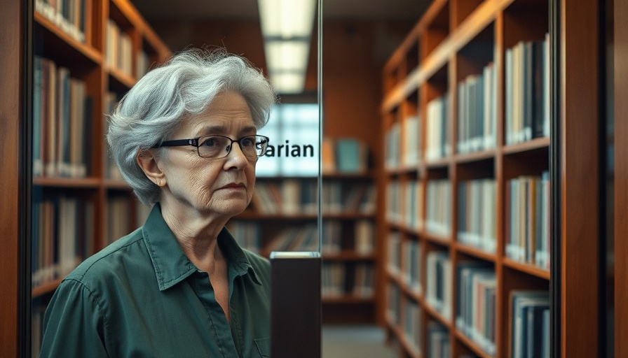Older woman in library, looking through glass door with 'Librarian' sign.