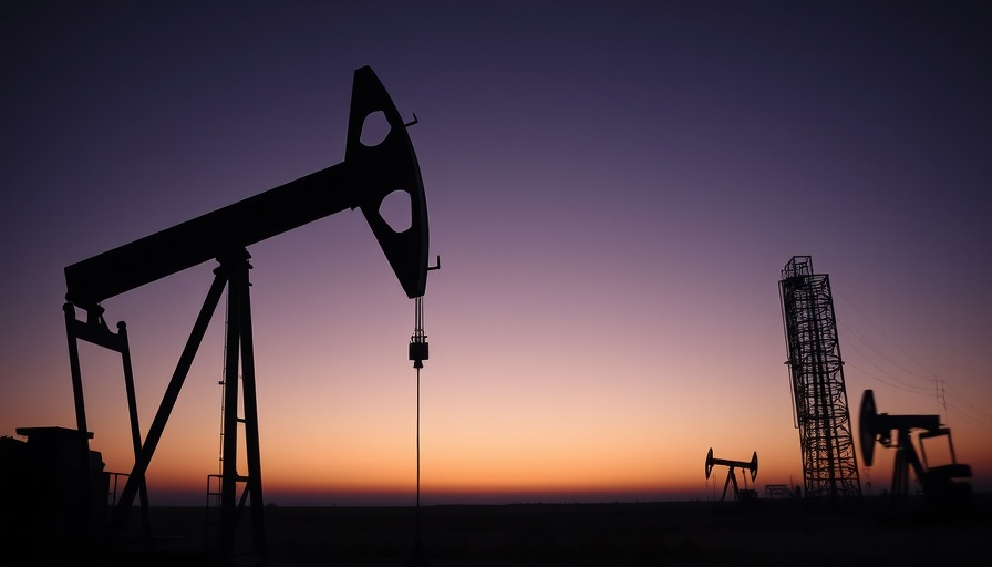 Texas oil pump jack silhouetted against dusk sky.