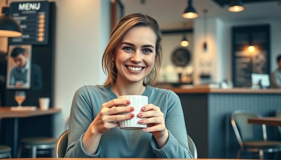 Smiling woman with coffee at cafe, warm ambiance in a modern setting.