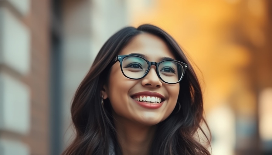 Confident woman in glasses smiling, representing bold action in technology.
