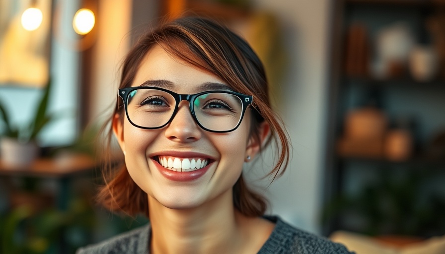 Smiling young woman with glasses indoors, showcasing leadership and positivity.
