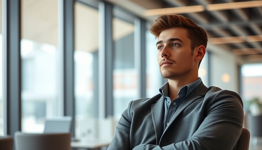 Casual young man in office looks thoughtful, Trump's tariffs stifle innovation.