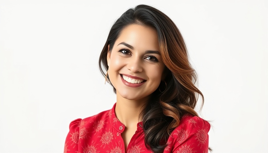 Smiling woman in red patterned blouse portrait.
