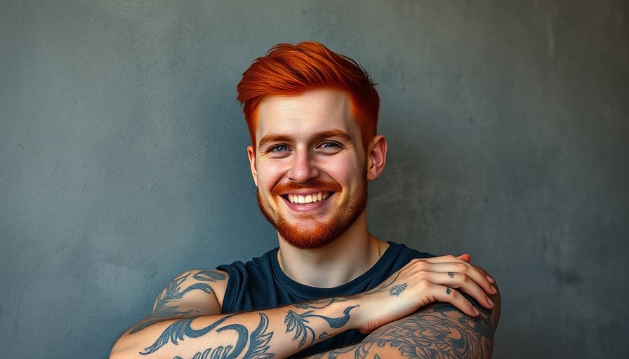 Man with red hair and tattoos smiling in an indoor setting.