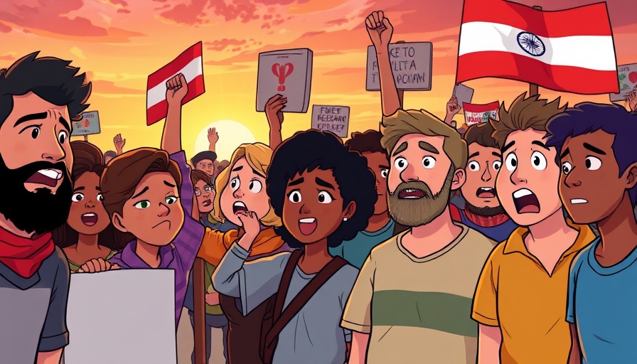 Illustration showing protest with opposing groups expressing nationalism and inclusion.