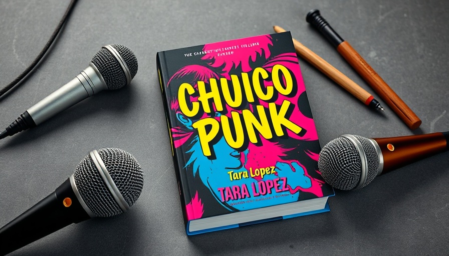 Book 'Chuco Punk' by Tara López with microphone and drumsticks.