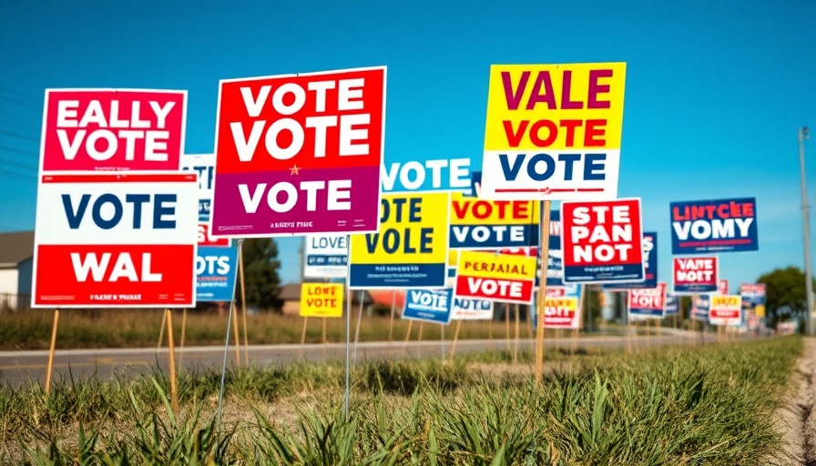 San Antonio News: Early voting site with diverse election signs under a clear sky.