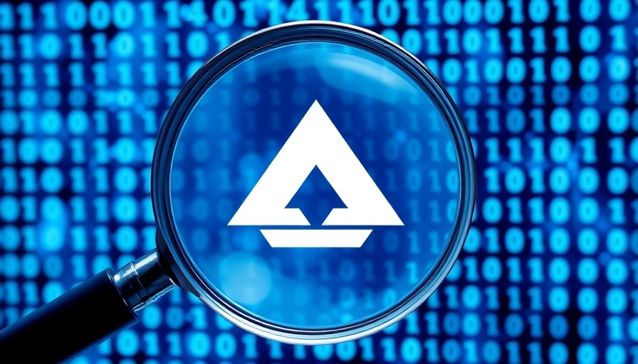 Digital magnifying glass over binary code with logo, AI Search Technology.