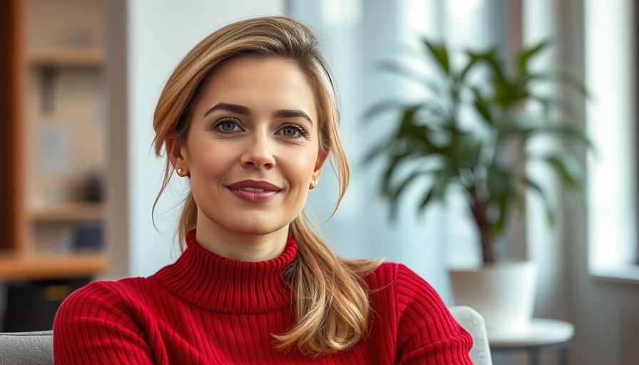 Stylish woman in red sweater indoors, relaxed expression.