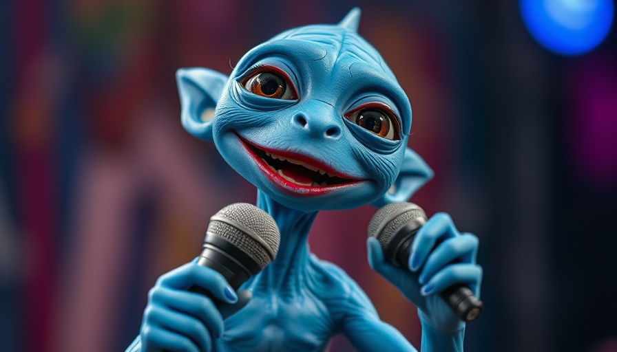 Lilo & Stitch live-action scene with blue alien holding microphone.