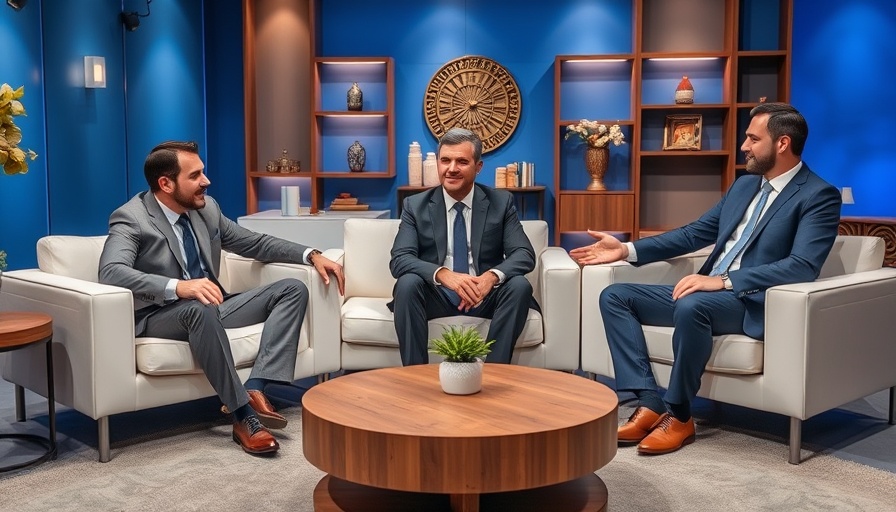 Professional discussion on hiring techniques in a modern talk show setting.