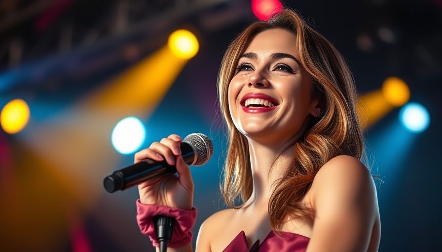 Joyful performer on stage with colorful lights, Quintanilla Family Legacy theme.