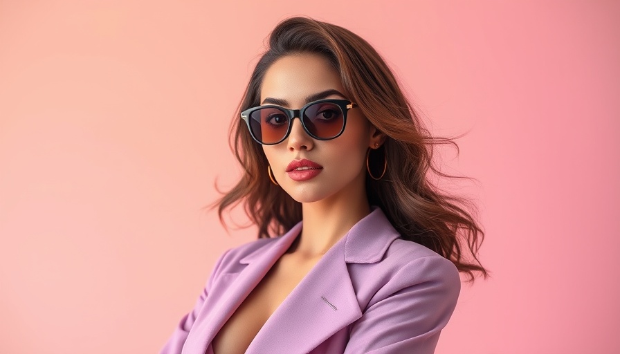 Elegant woman posing against peach and lavender gradient backdrop.