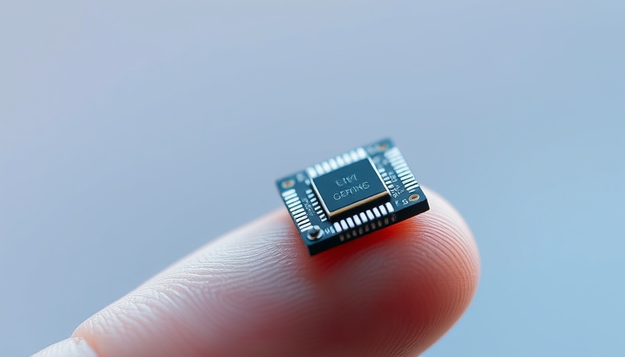 Close-up of brain-computer interface chip held between fingers.