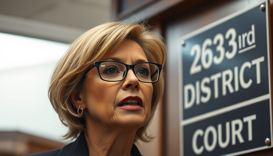 Woman near 263rd District Court sign discussing domestic violence victims in Harris County