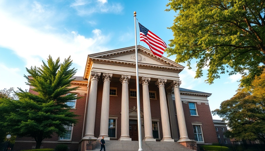 Stately old courthouse with flag and trees under clear sky, Texas News.