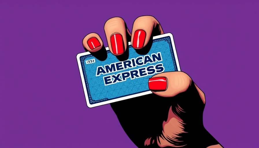 Stylized pop-art hand with American Express card against purple