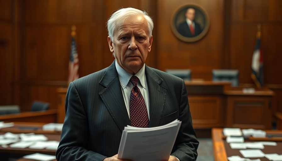 Formal older man in courtroom with documents.