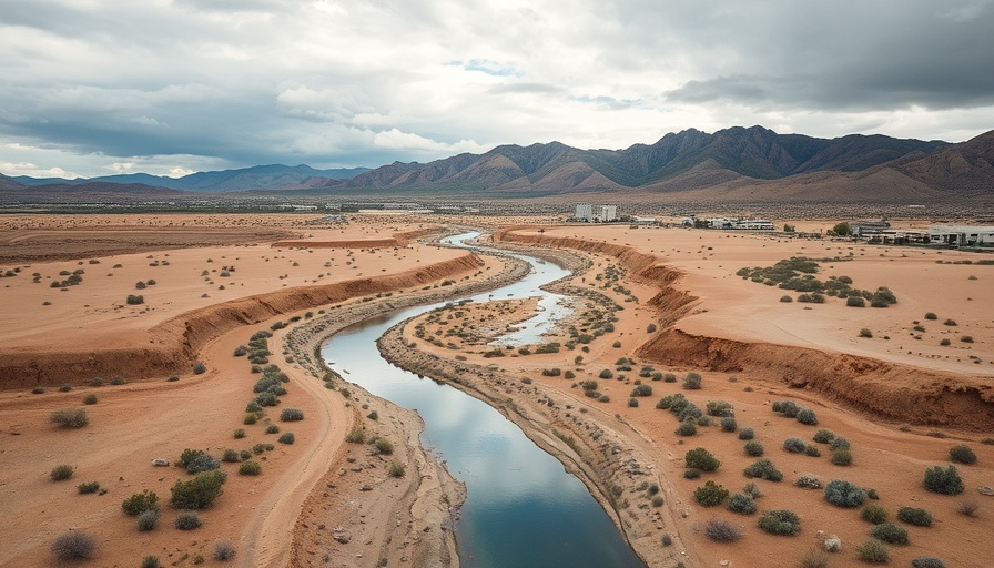 Aerial view of dry flood channel in El Paso desert, cloudy sky.