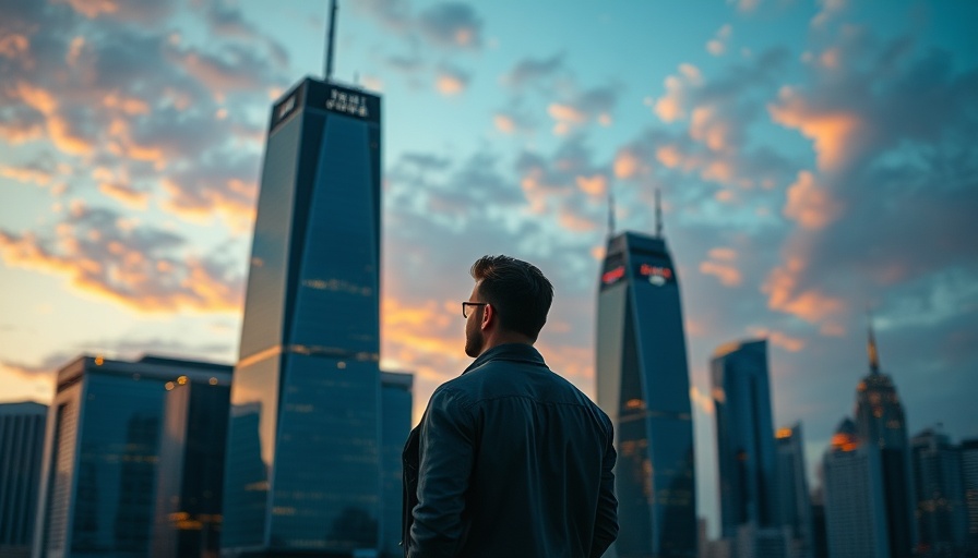 Silhouette of man gazing at Texas skyscrapers during dusk.