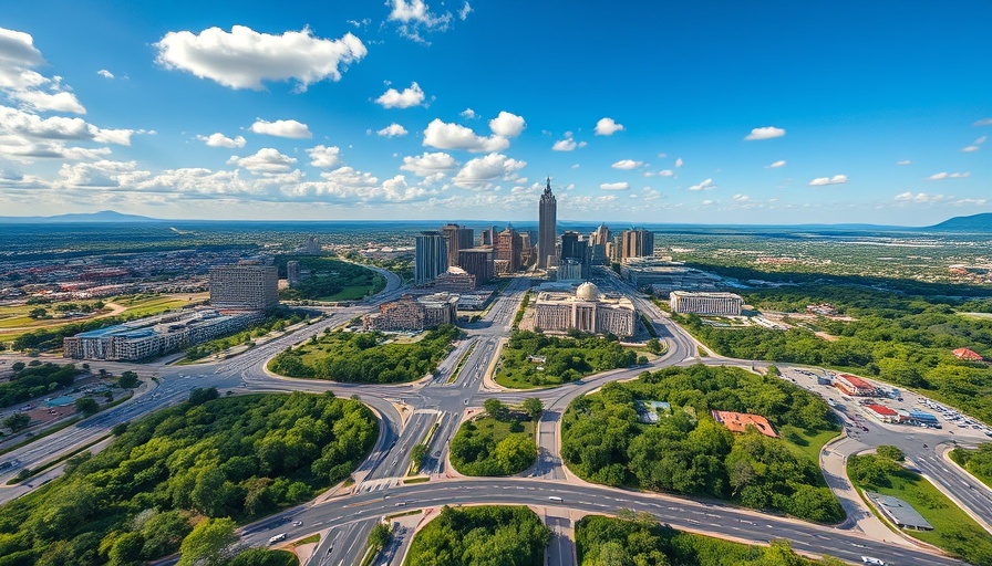 Aerial view of San Antonio cityscape with roads and greenery.