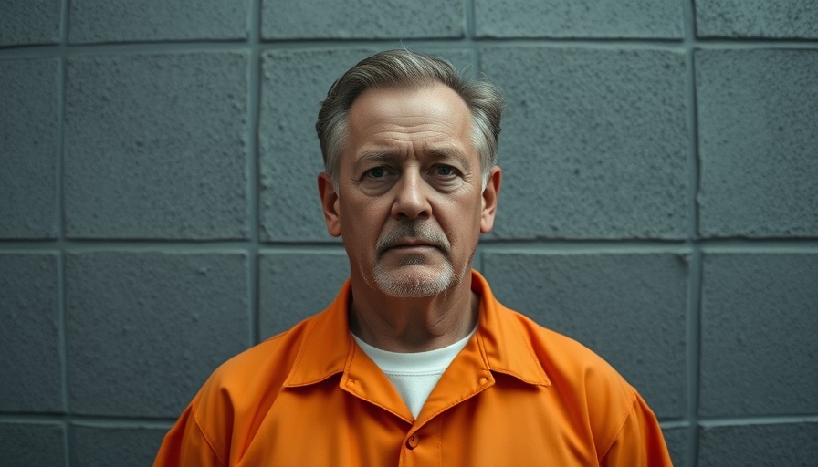 Man in prison uniform with neutral expression against gray wall.