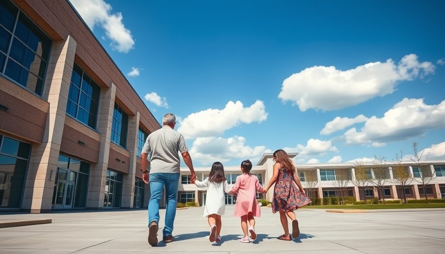Family walking towards a school building, back view, EPISD school closures context.