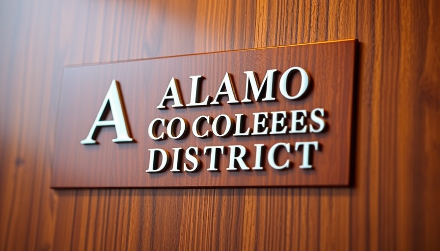 Texas faculty governance changes: Alamo Colleges logo on wooden panel.