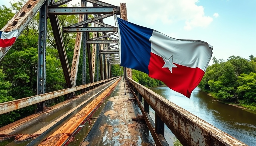Damaged Texas bridge with tattered flag, symbolizing infrastructure.
