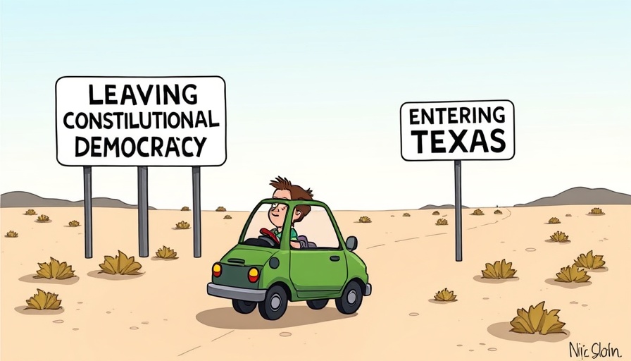 Humorous Texas cartoon with car and signs, Texas News.