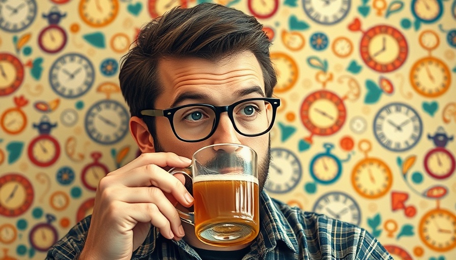 Casual man drinking tea in front of clock-patterned background, enhancing focus.