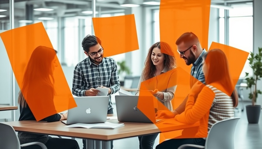 Vibrant team discussion with laptops and expressive orange overlays