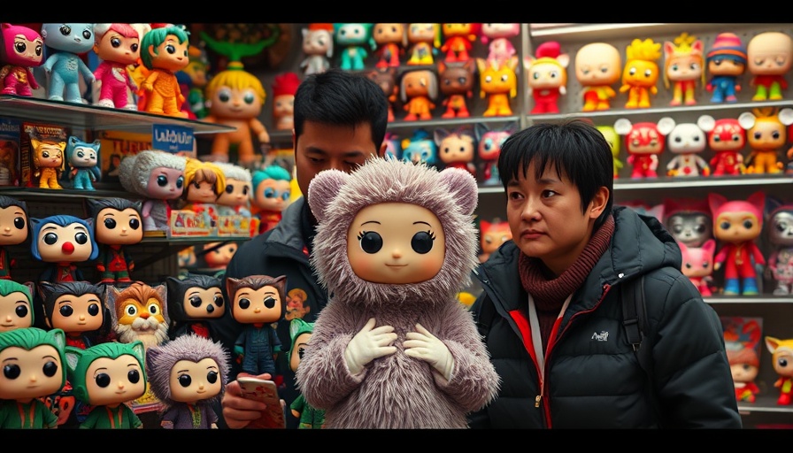 Pop Mart Labubu figurines on display in a lively shop.