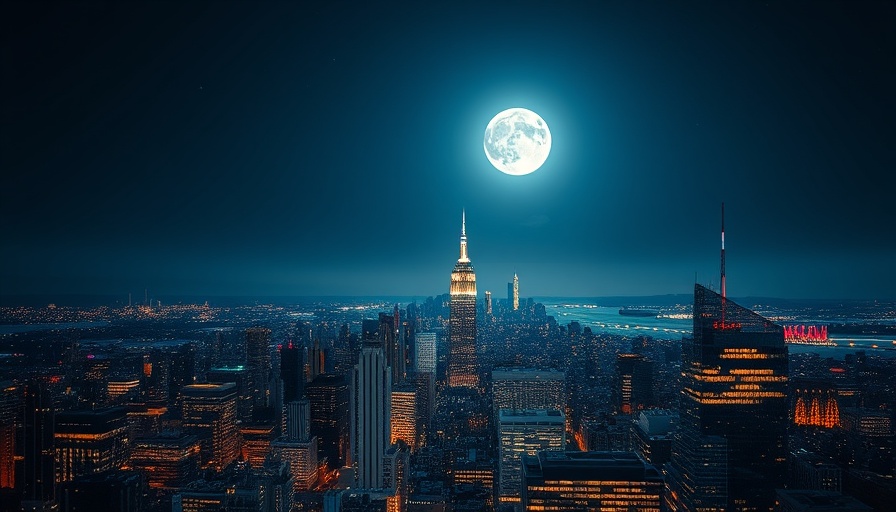 Texas News: Night city skyline with bright full moon.