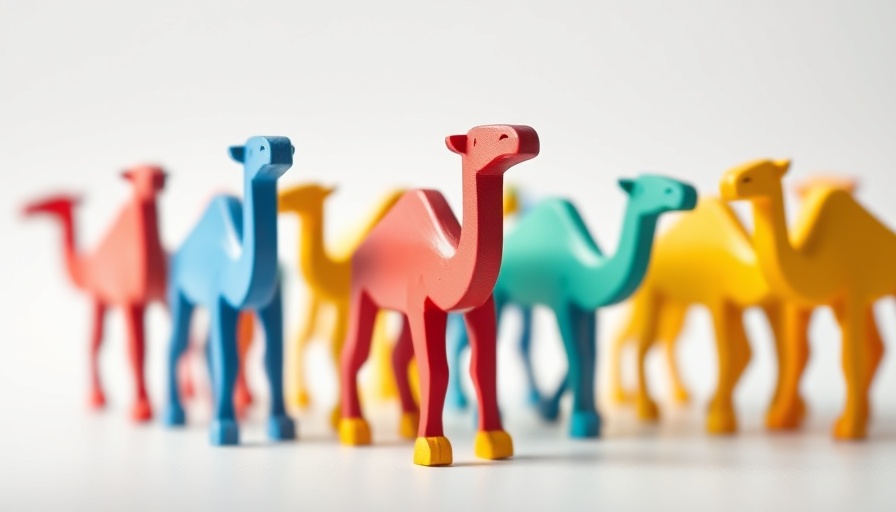Colorful wooden camels representing investing in camels.