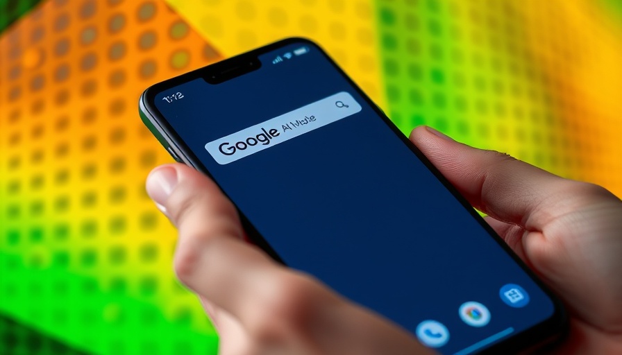 Smartphone displaying AI Mode search, vibrant abstract background.