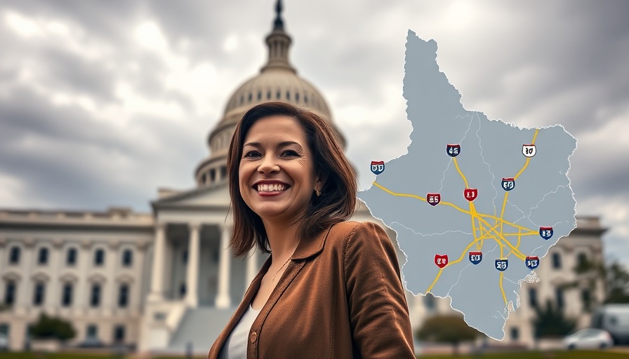 Portrait of woman with Texas congressional district map; Texas congressional redistricting.