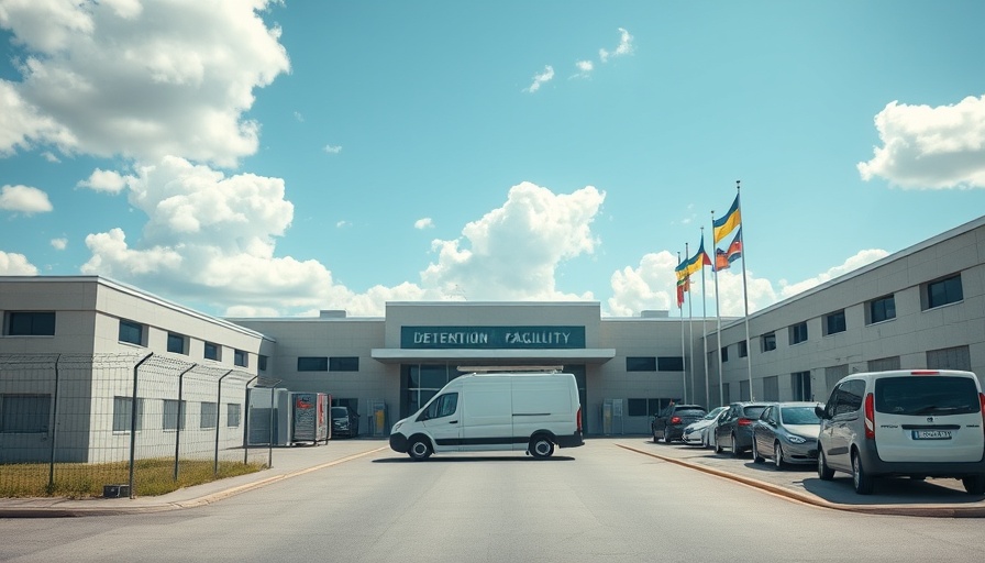Detention facility during congressional oversight of ICE facilities access, featuring vehicles and flags.