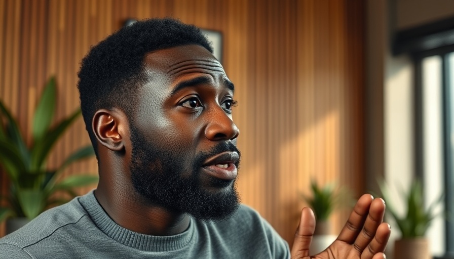 Black man expressing thoughts during a podcast in a studio.