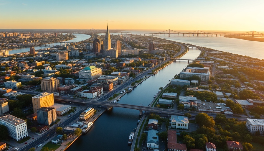 Aerial view of Charleston's vibrant cityscape and river.