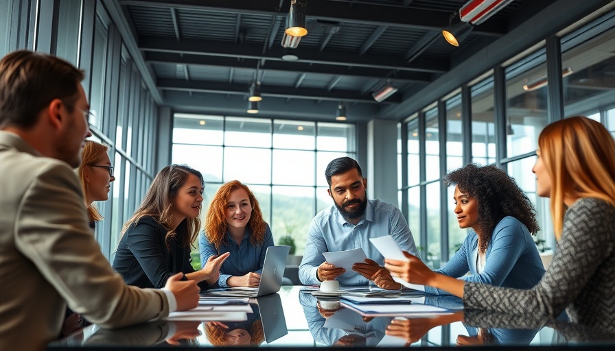 Diverse business team collaborating in modern office for growth strategies.