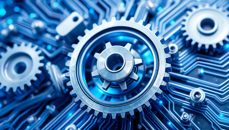 Abstract tech pivoting with gears and circuits, dynamic and vibrant.