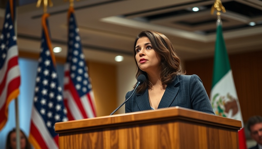 Confident speaker at U.S.-Mexico trade conference with flags in background.
