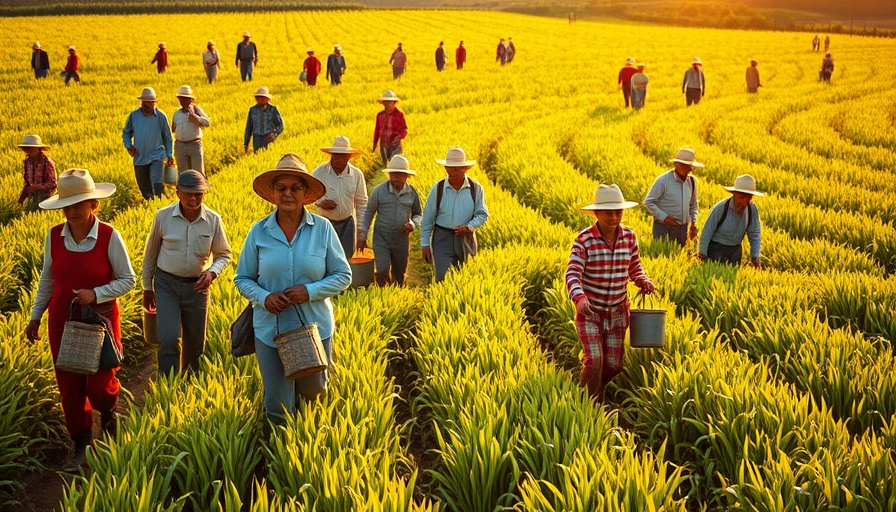 Agricultural workers in a field at golden hour, showcasing immigrant labor force impact.
