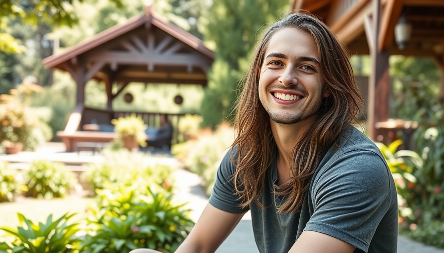 Young man in a San Antonio garden, smiling broadly