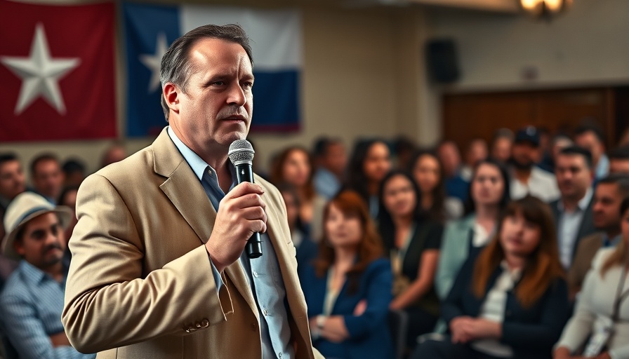 Man speaking at Texas event, highlighting local news.
