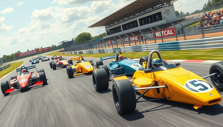 Race cars speeding on track, competitive racing scene.