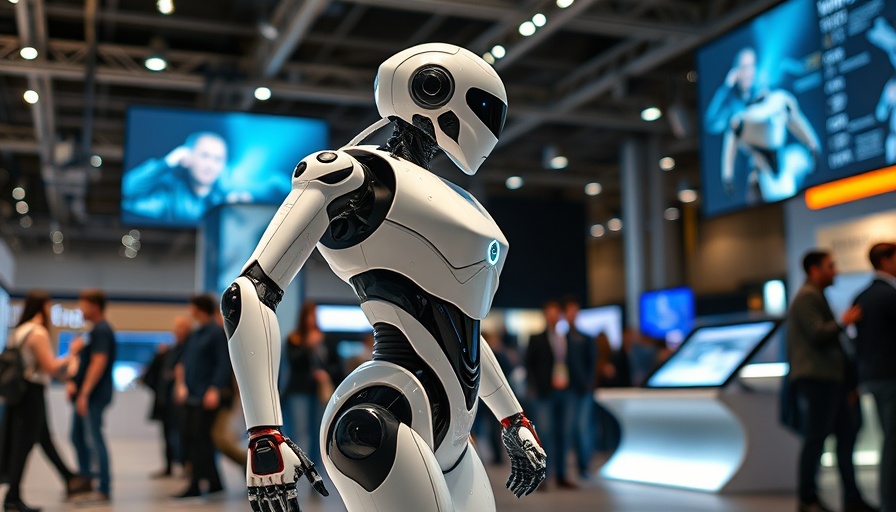 Futuristic humanoid robot showcasing a demo at a modern tech expo.