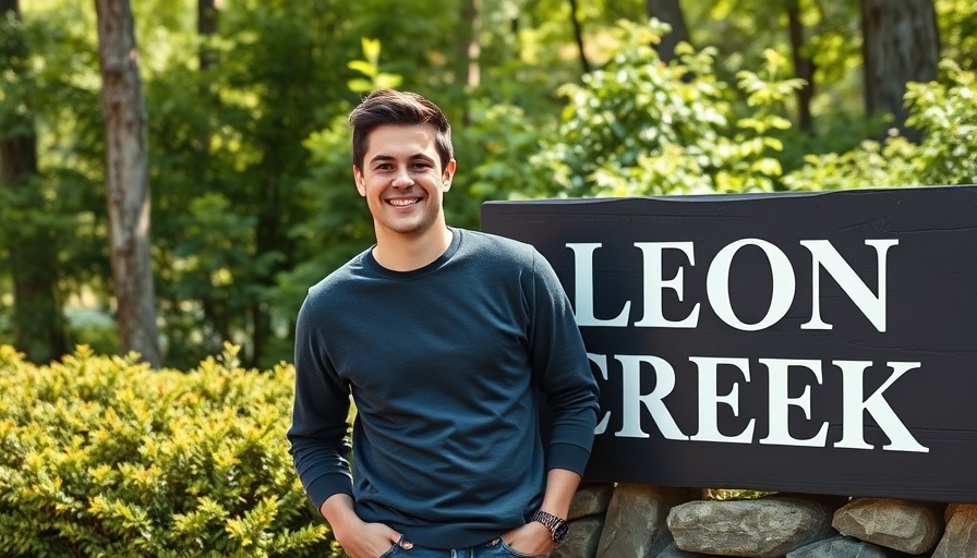Young man at Leon Creek sign near UTSA Boulevard San Antonio.