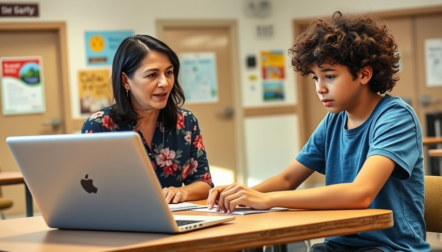 Discussion between woman and student at school table with laptop.